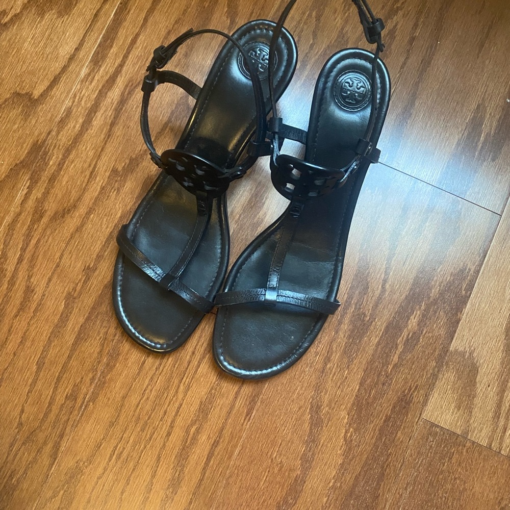 Black leather wedge sandals